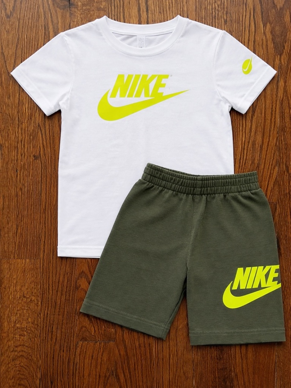 Nike White Tee & Olive Shorts with Neon Yellow Logo
